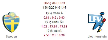 Thụy Điển vs Liechtenstein: 01h45, ngày 13/10