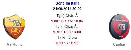 AS Roma vs Cagliari: 20h00, ngày 21/09